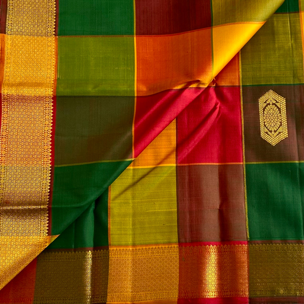 Designer Multi-Checkered Kanjeevaram Pure Zari Silk With Crimson Maroon Pallu