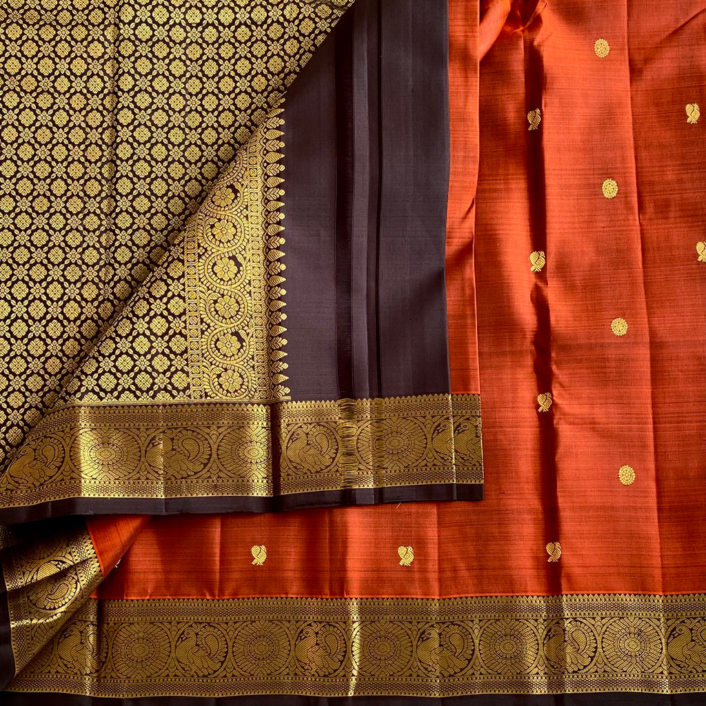 Burnt Orange With Coffee Brown Gold Kanjeevaram Pure Zari Silk Saree