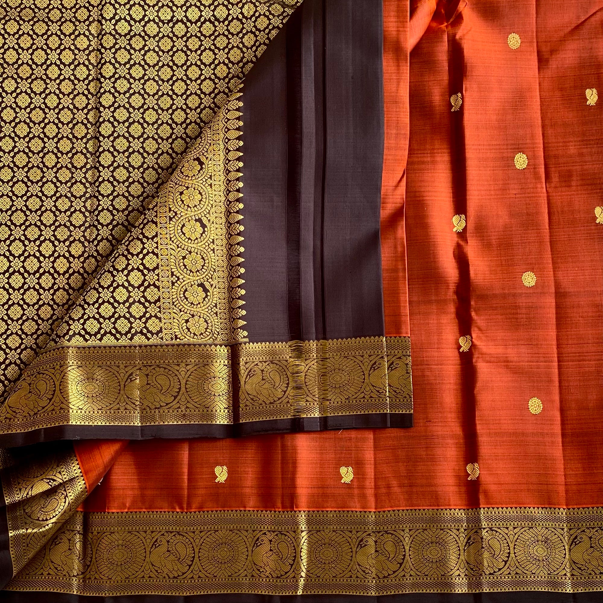 Burnt Orange With Coffee Brown Gold Kanjeevaram Pure Zari Silk Saree