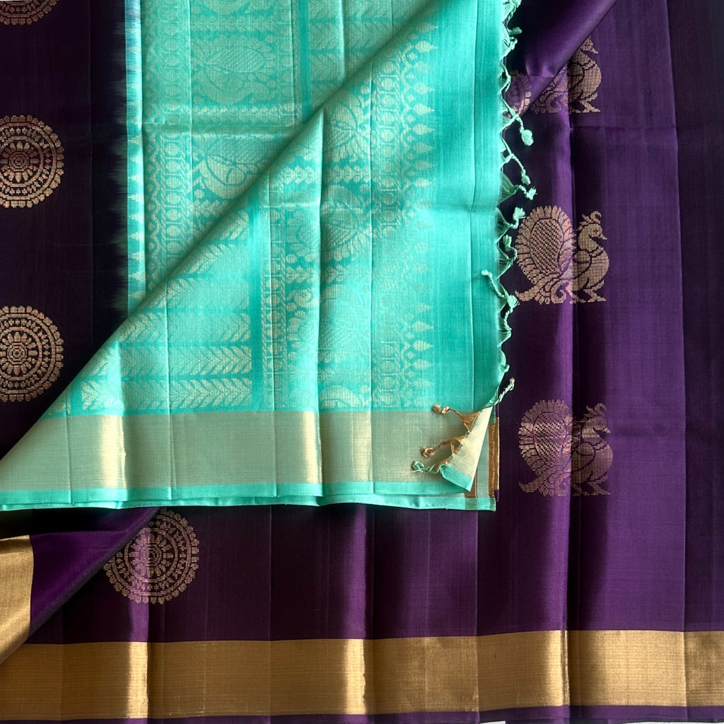 Aubergine Silk Saree with Mint Turquoise Pallu and Gold Zari