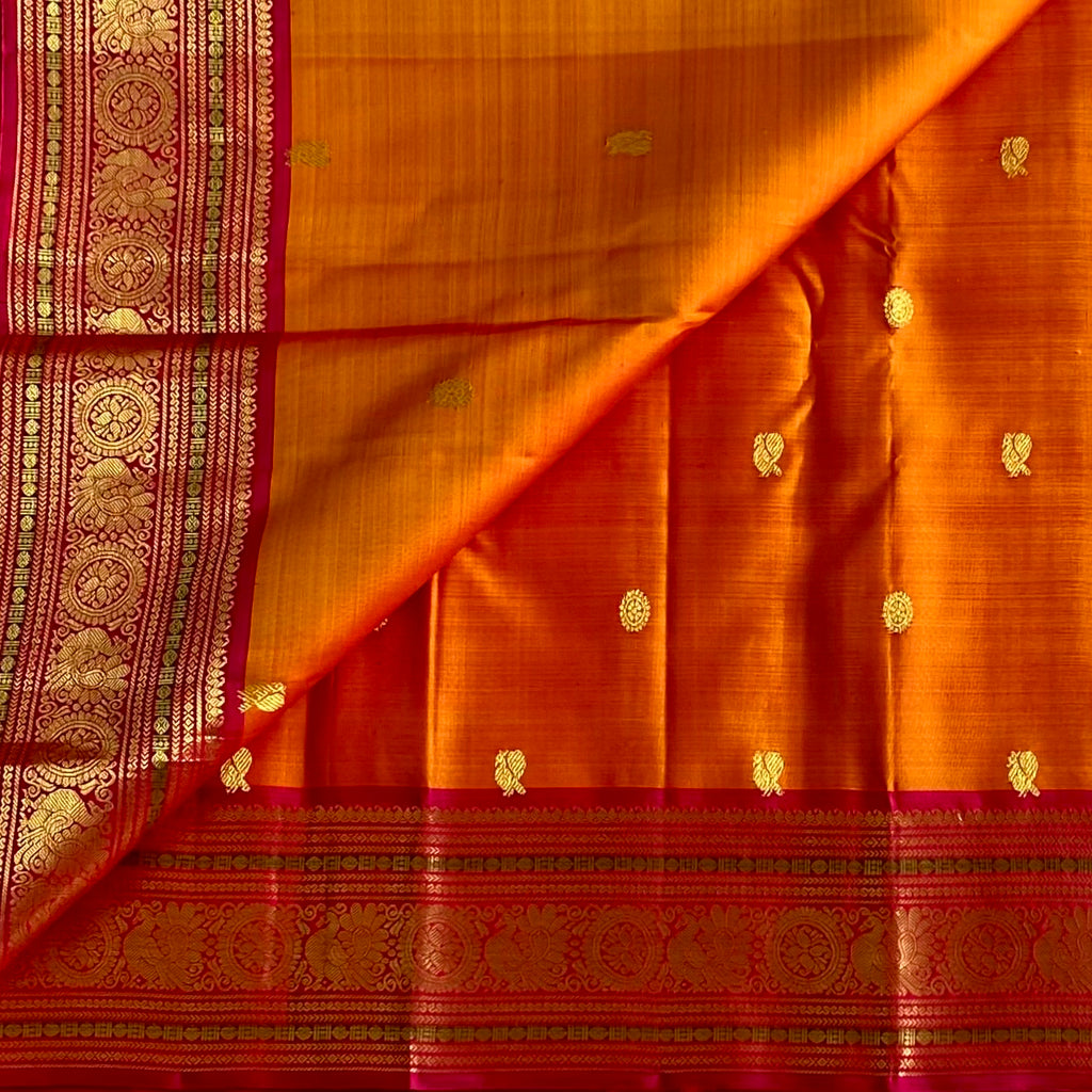 Saffron Orange Kanjeevaram Pure Zari Silk Saree With Rani Pink Pallu