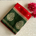 Ruby Red Soft Tussar Silk Saree With Forest Green Pallu