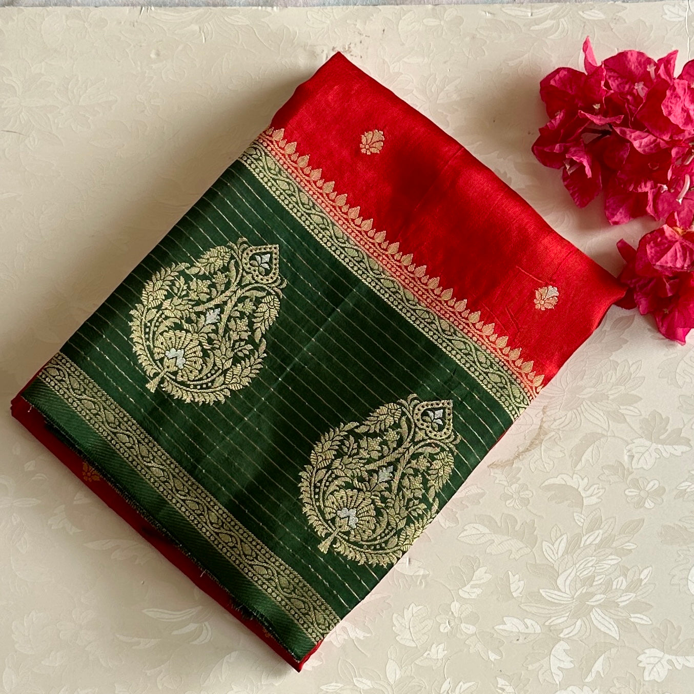 Ruby Red Soft Tussar Silk Saree With Forest Green Pallu