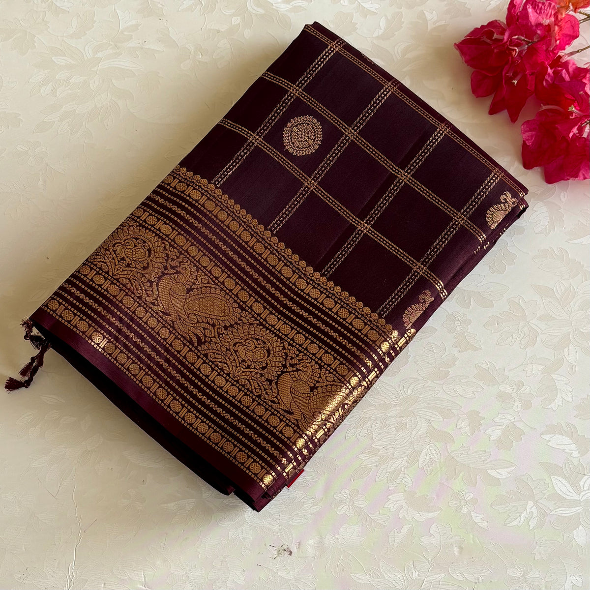 Deep Chocolate Maroon Designer Pure Silk Saree With Antique Gold Pallu