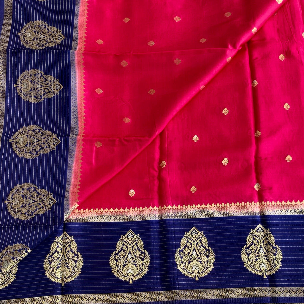 Rani Pink Soft Tussar Silk Saree With Navy Blue Pallu