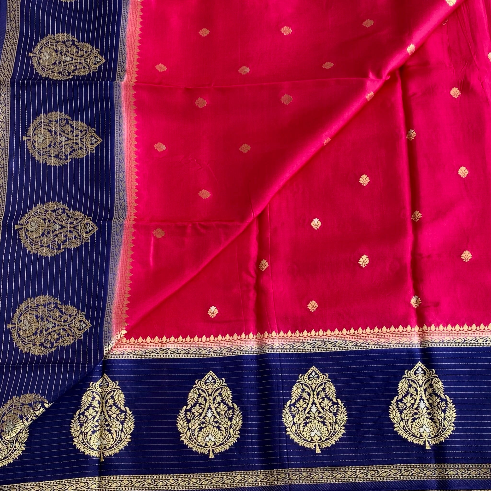 Rani Pink Soft Tussar Silk Saree With Navy Blue Pallu