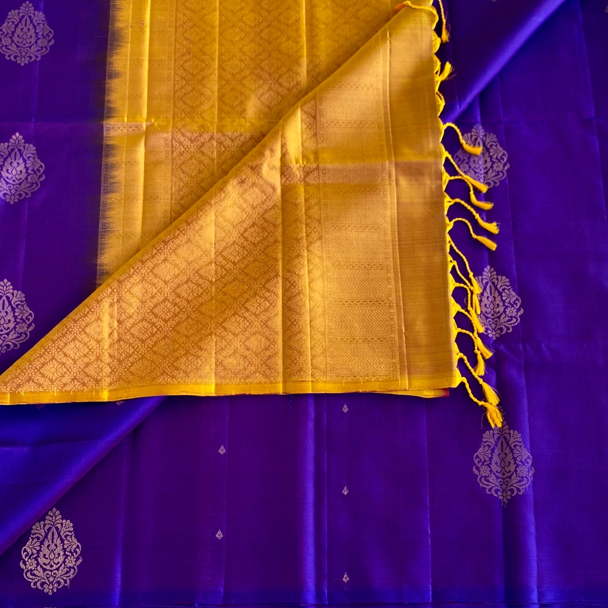 Regal Purple Designer Pure Silk Saree With Yellow Gold Pallu