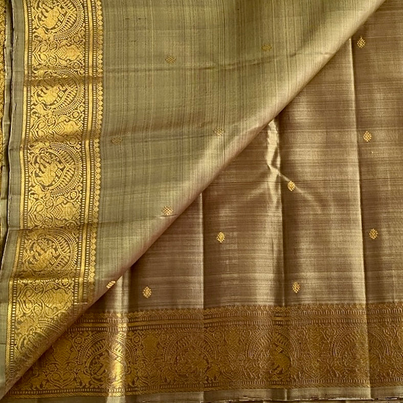Sage Green Mix Beige Kanjeevaram Pure Zari Silk Saree With Metallic Gold Pallu