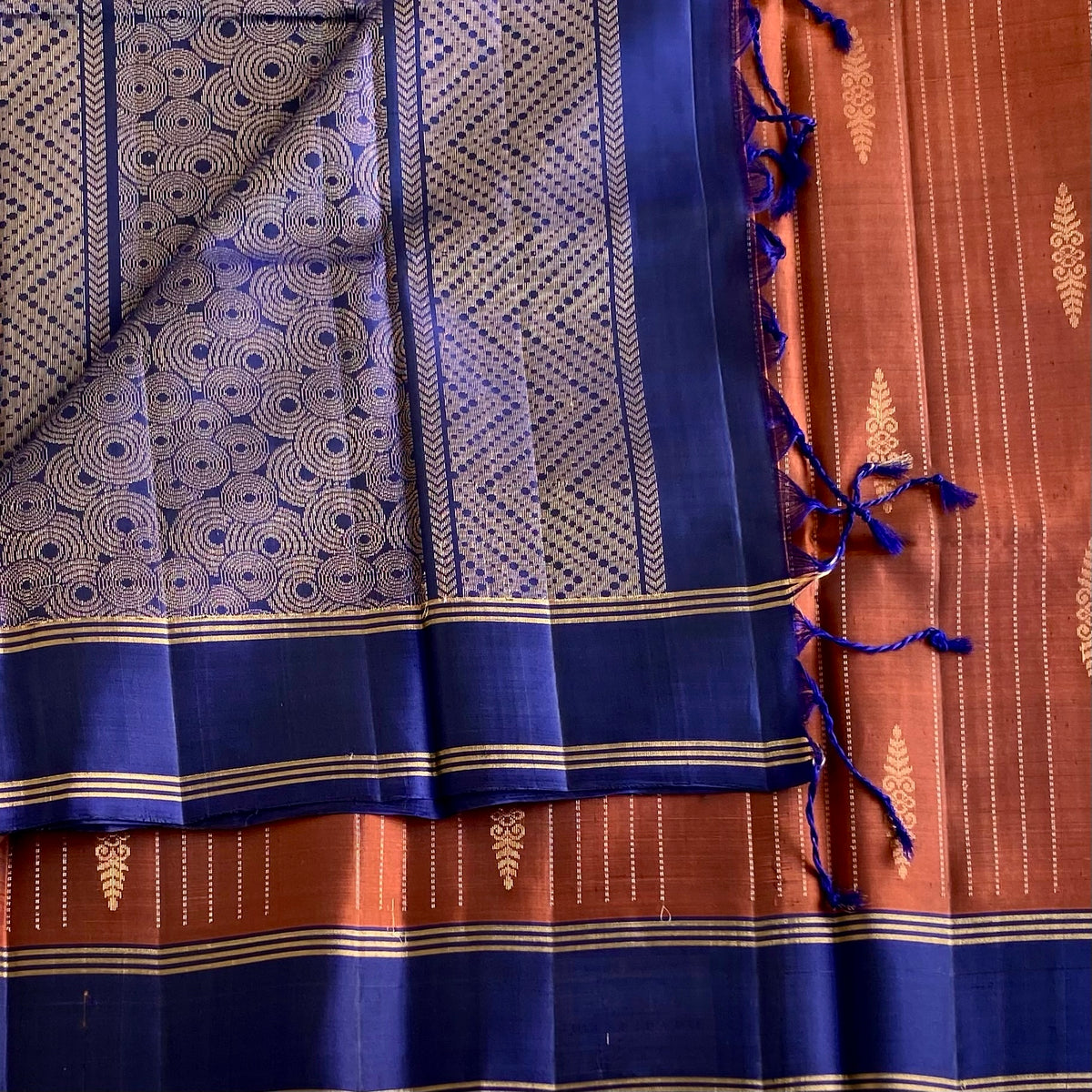 Copper Brown & Rich Navy Blue Designer Pure Silk Saree