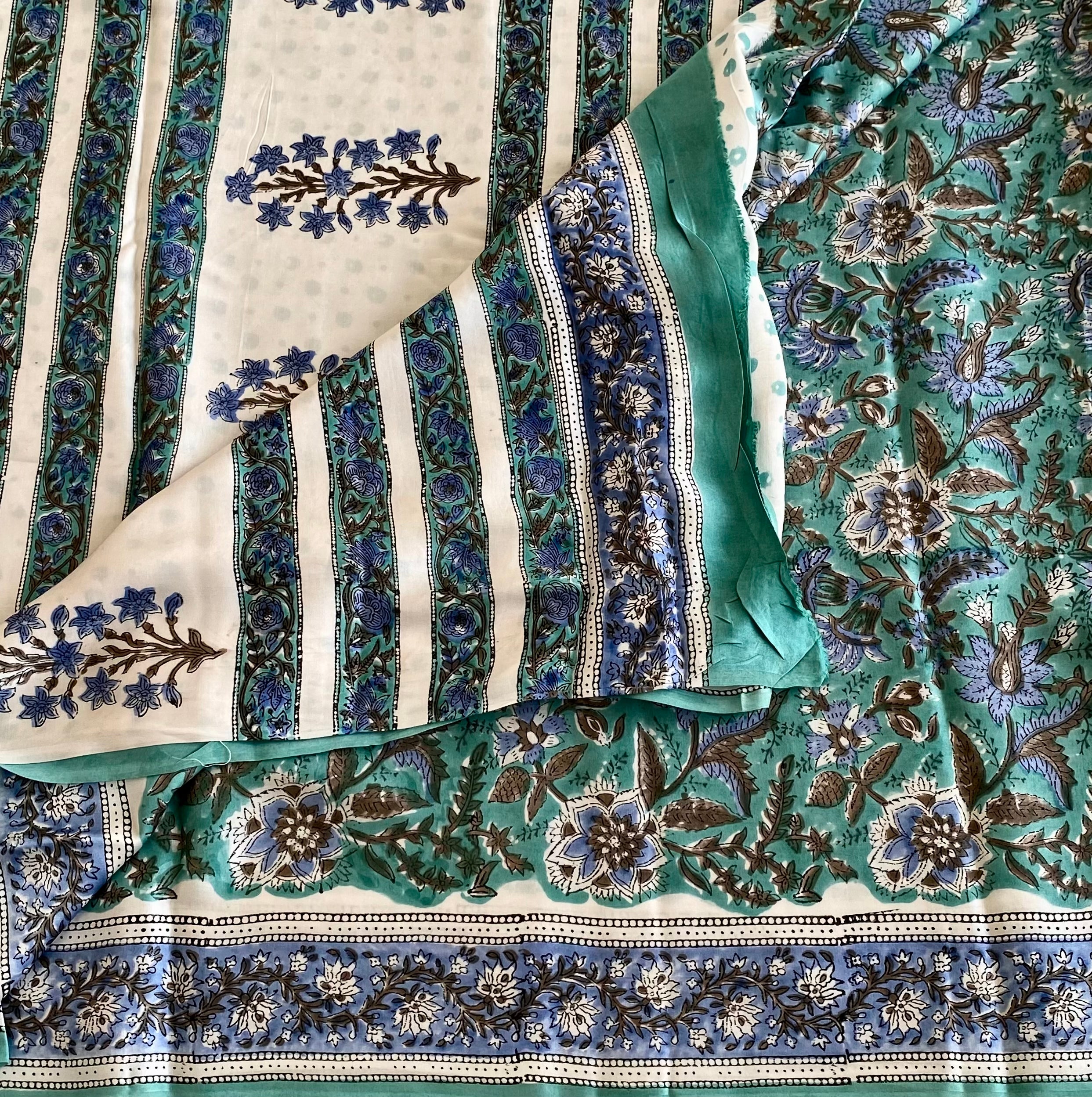 Ajrakh Handblock Printed Silk Mint Blue Beauty With Ivory Pallu