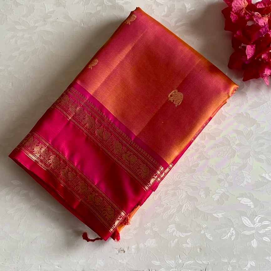 Dual Shaded Spanish Orange Designer Pure Silk Saree With Rani Pink Pallu