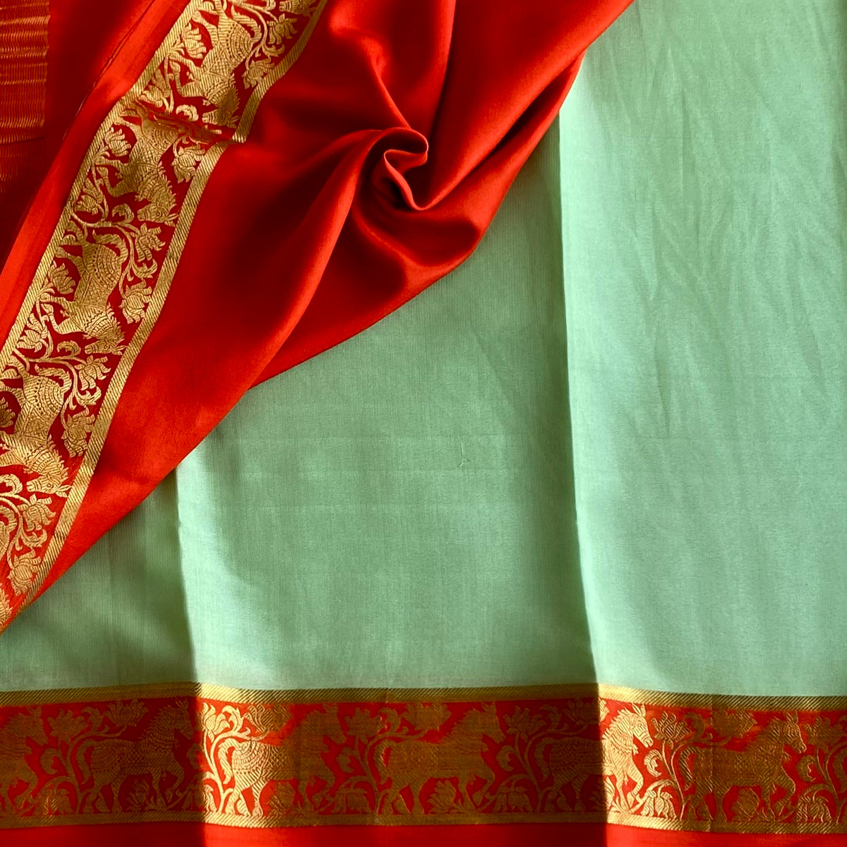 Mint Green & Vermilion Red Mysore Crepe Silk With Designer Borders
