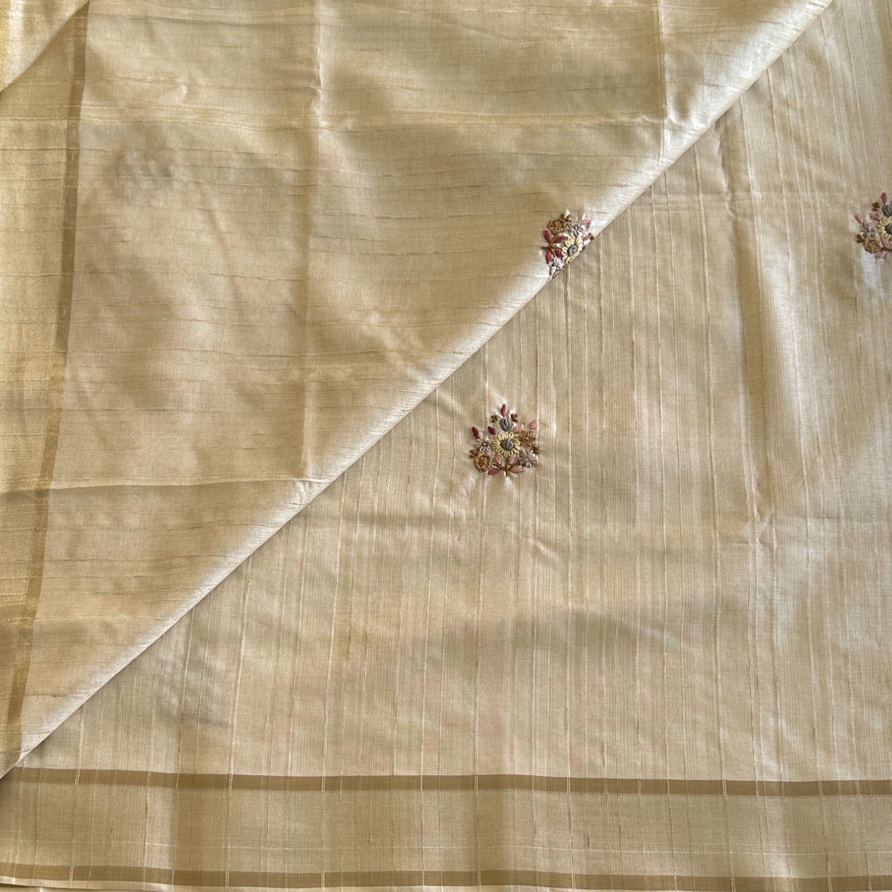 Elegant Ivory Silk Embroidered Saree With Gold Border Traditional Wear