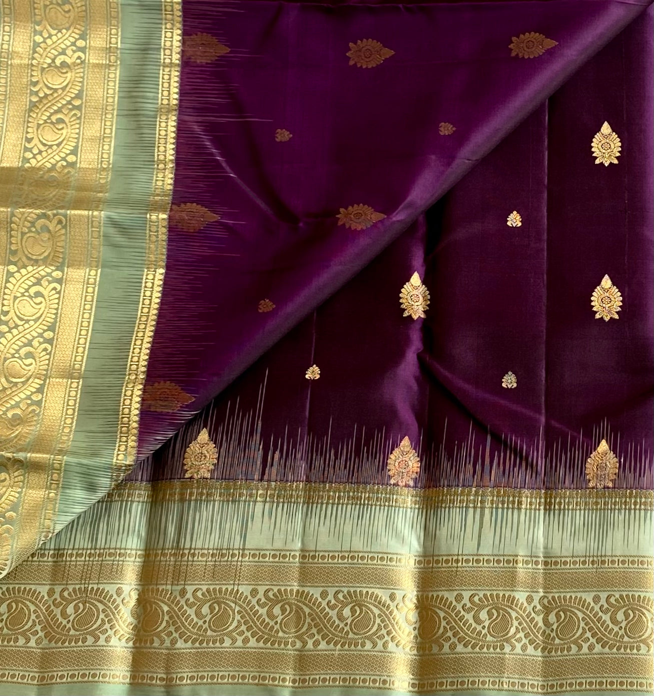 Plum Mint Silk Saree Gold Zari Butta Wide Border Wedding