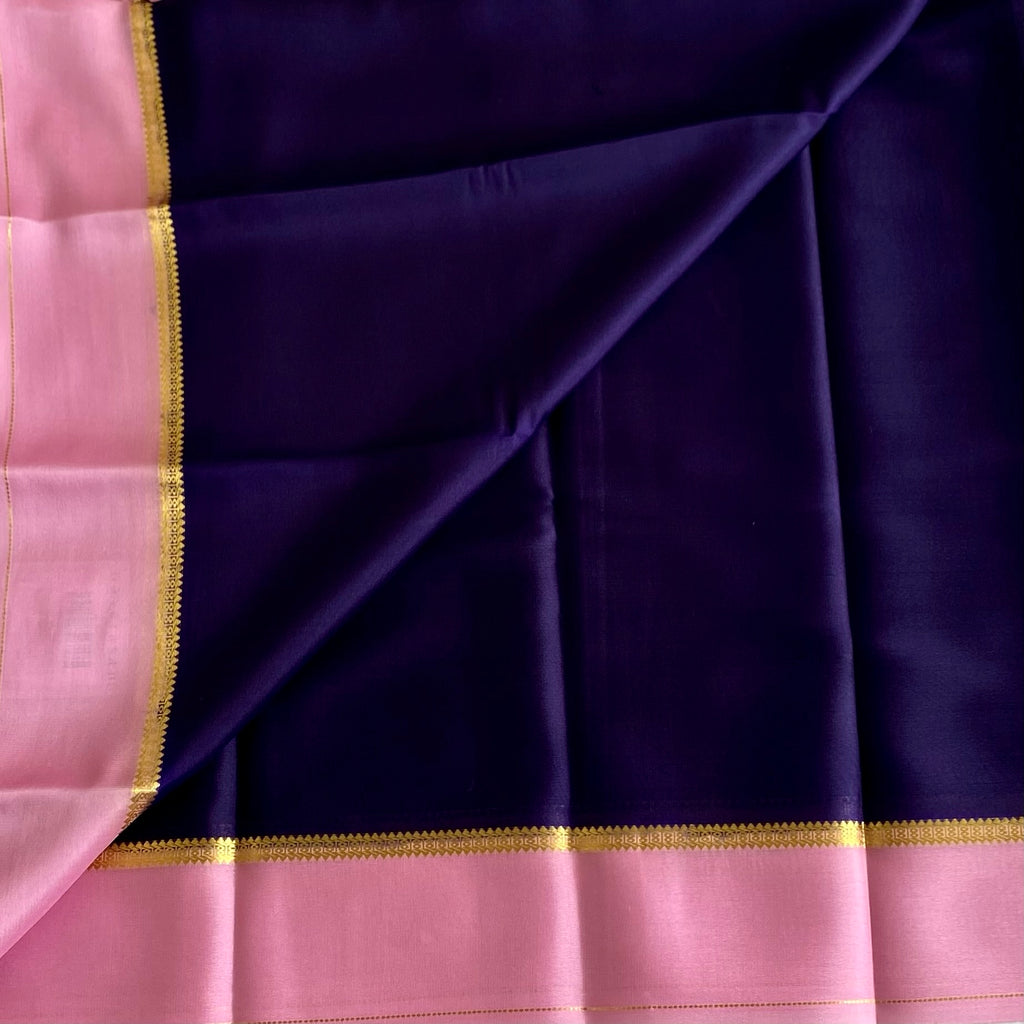 Deep Navy Lightweight Mysore Crepe Silk Saree With Pastel Pink Border