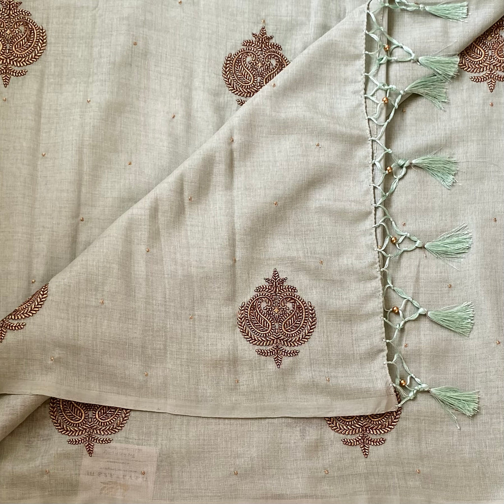 Sage Green Embroidered Saree with Copper Motifs and Tassels Elegant