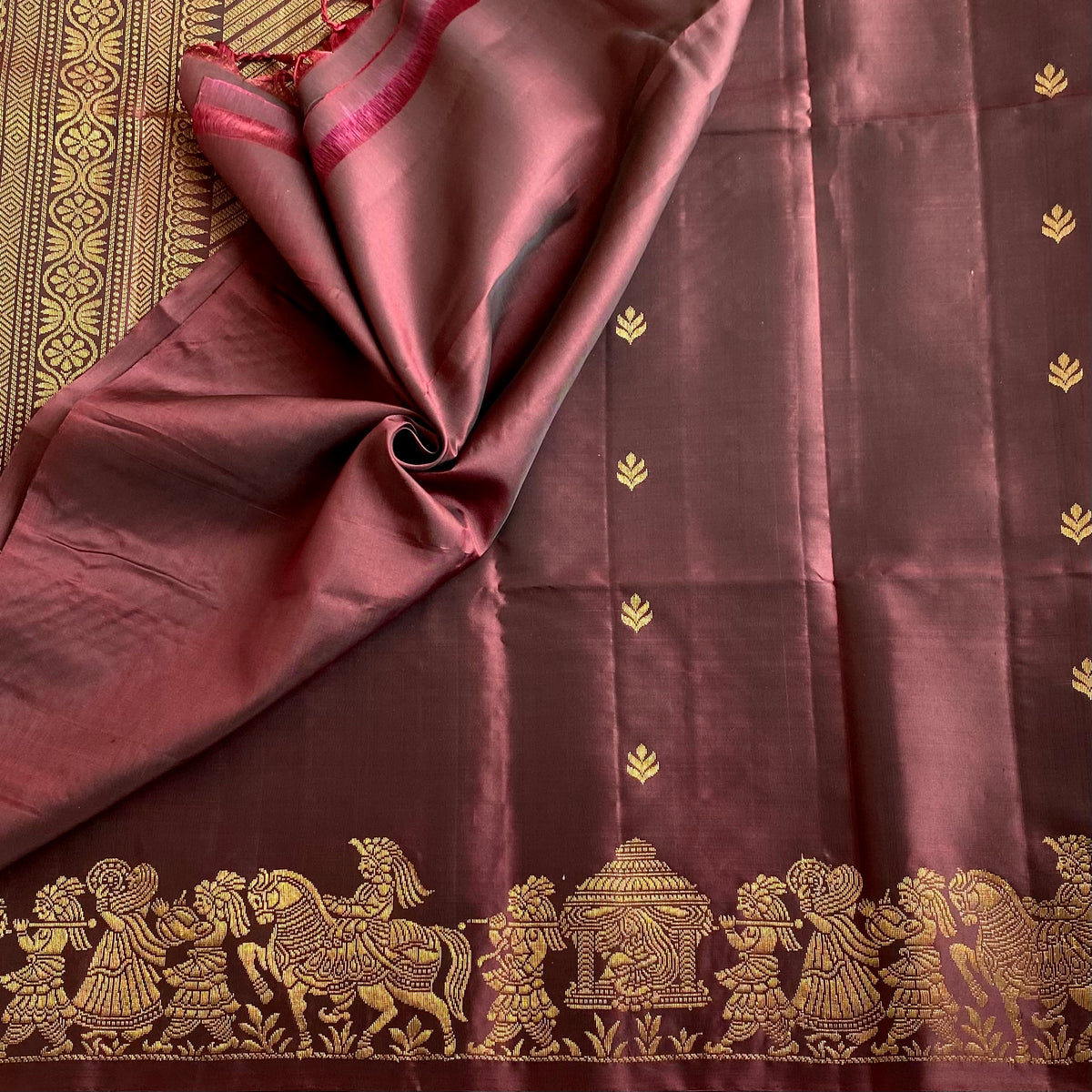 Deep Brown Burgundy Designer Pure Silk Saree With Antique Gold Zari