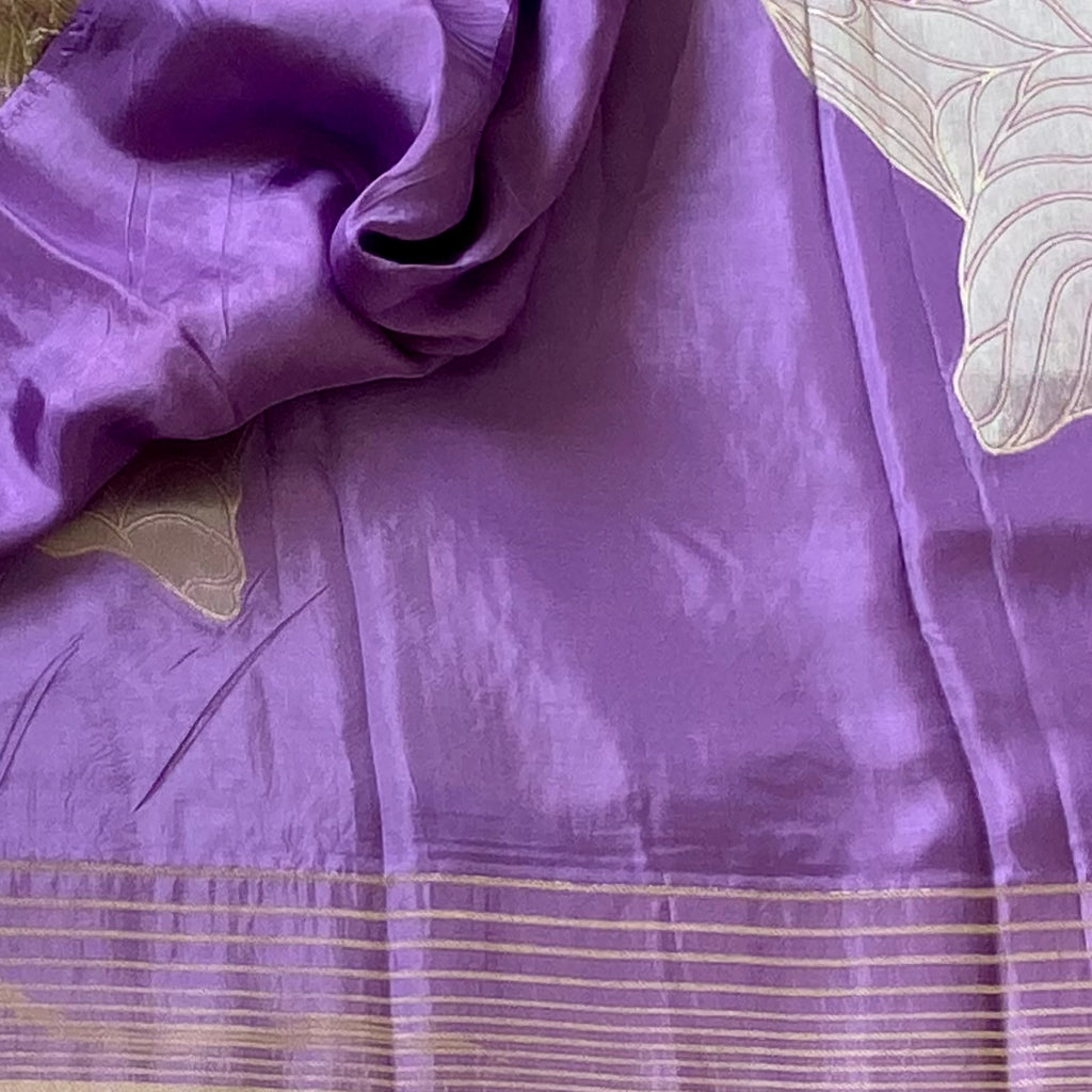 Soft pink with lavender Ombre Silk satin crepe With Gold Brocade Border