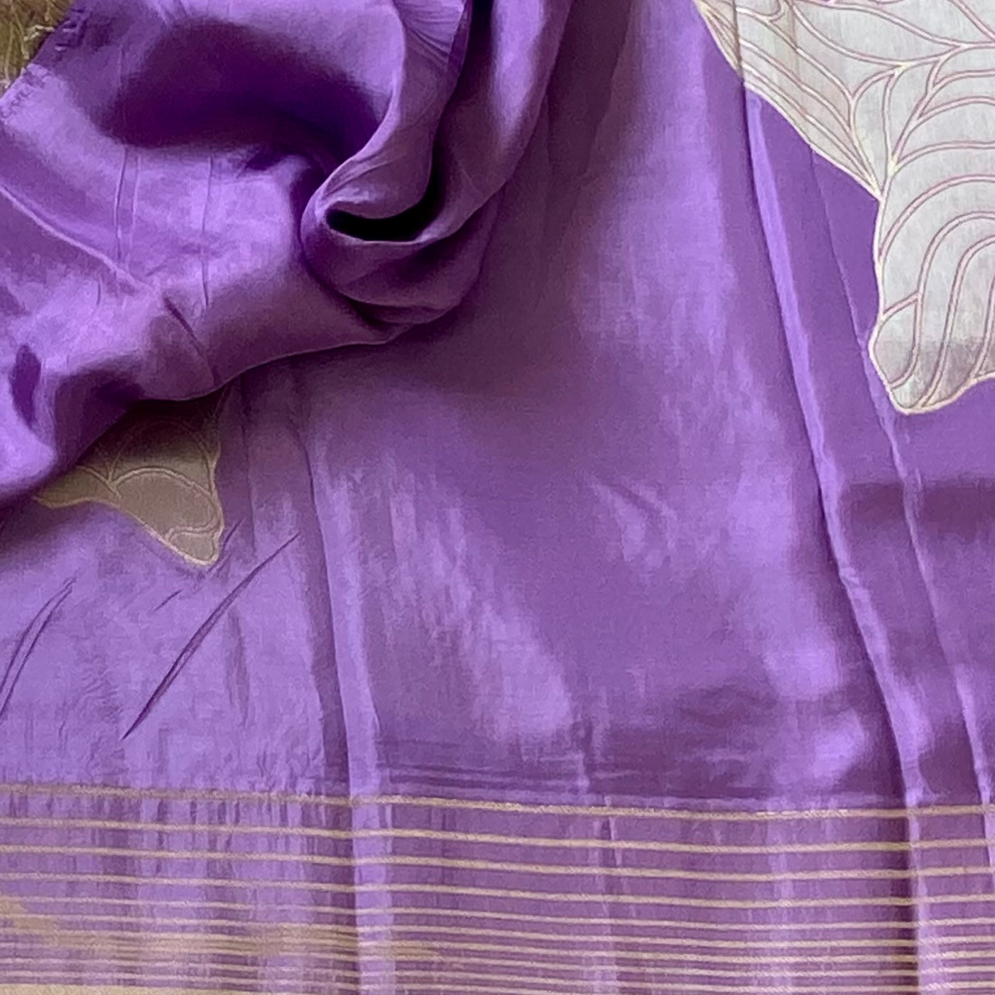 Soft pink with lavender Ombre Silk satin crepe With Gold Brocade Border