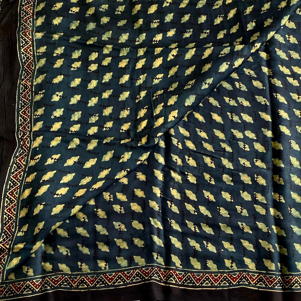 Deep Teal Ajrakh Handblock Printed Silk Saree With Olive Green Pallu