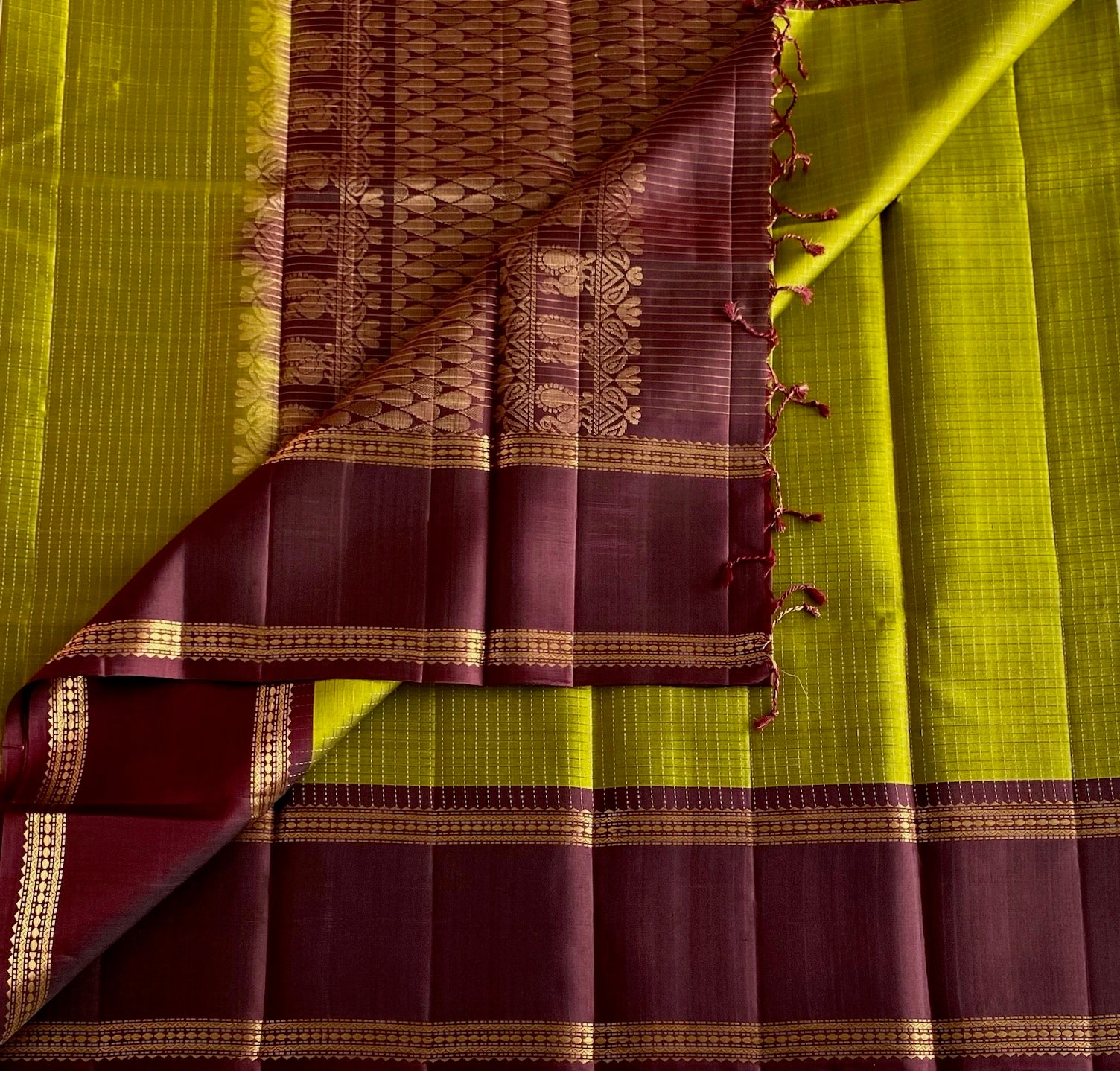 Burgundy Designer Pure Silk Saree With Lime Green Contrast Panel