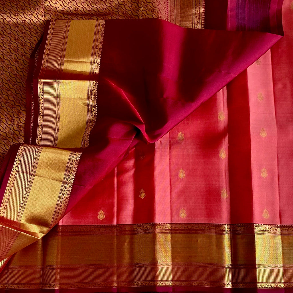 Coral Red Designer Pure Silk Saree With Maroon Pallu Metallic Gold Border