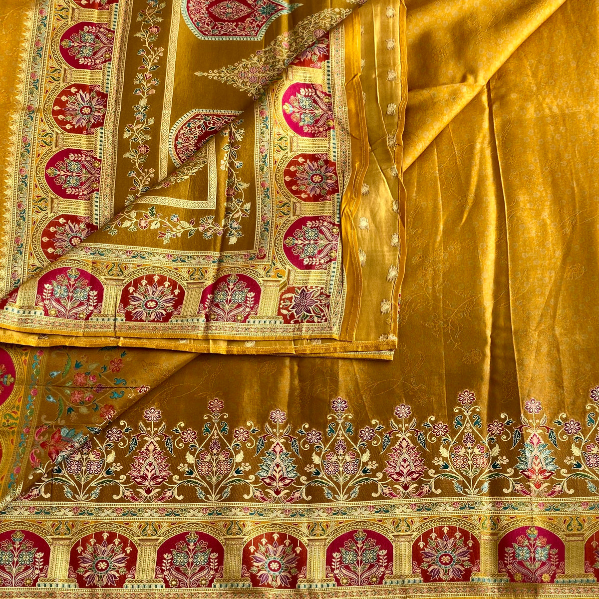 Mustard Gold Meenakari Soft Tussar Silk Saree With Deep Magenta Pallu And Temple Border