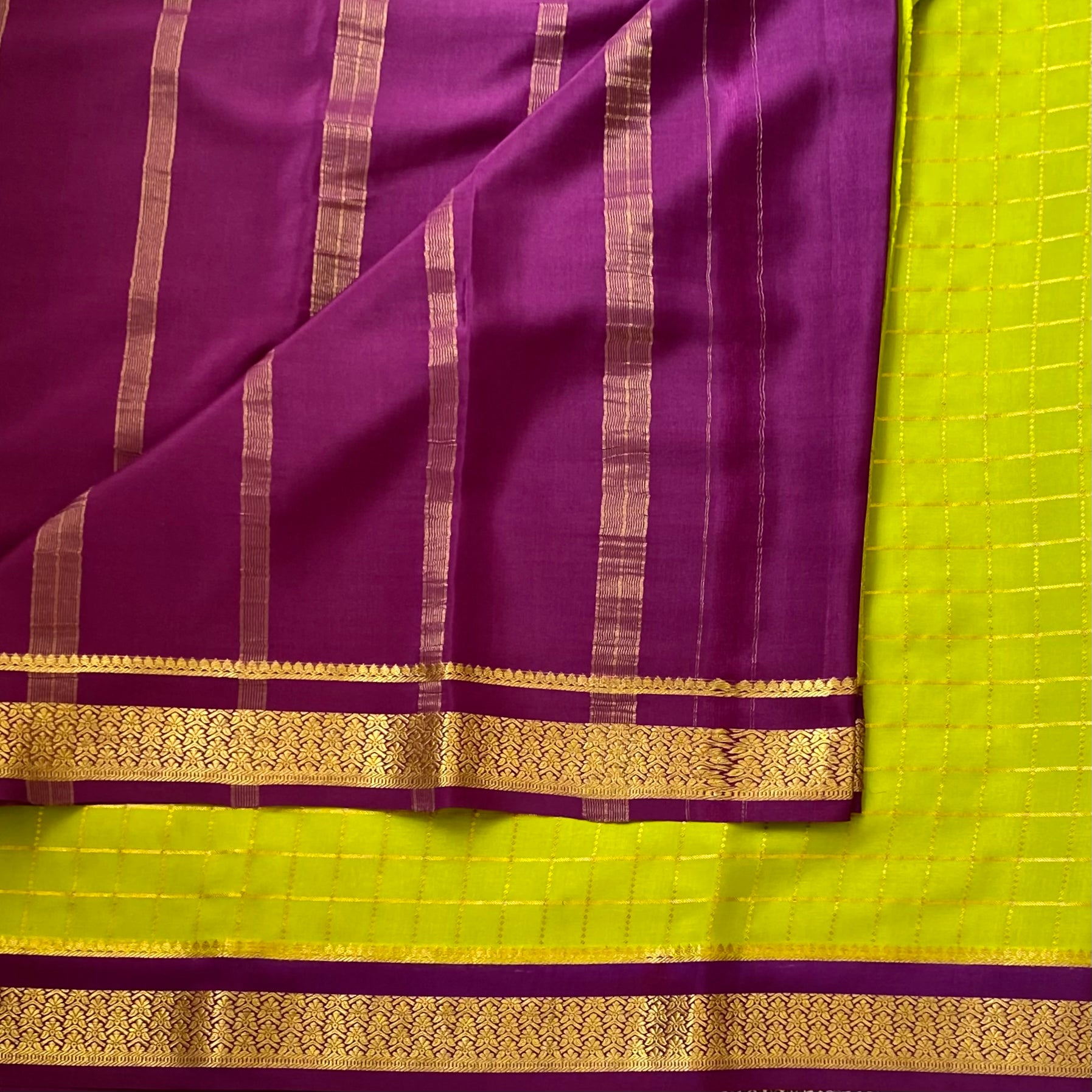 Chartreuse Green Pure Mysore Silk Saree with Purple Brocade Gold Checked Festive Saree