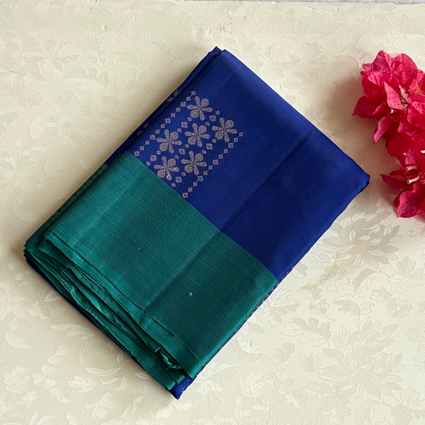 Royal Blue Teal Silk Saree Silver Zari Geometric Motif Border