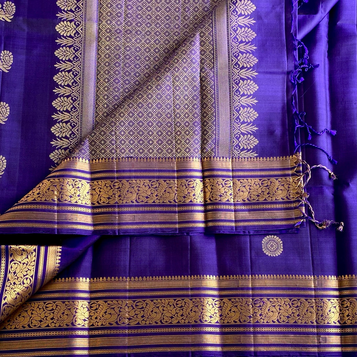 Deep Indigo Bluish Purple Designer Pure Silk Saree With Antique Gold Pallu