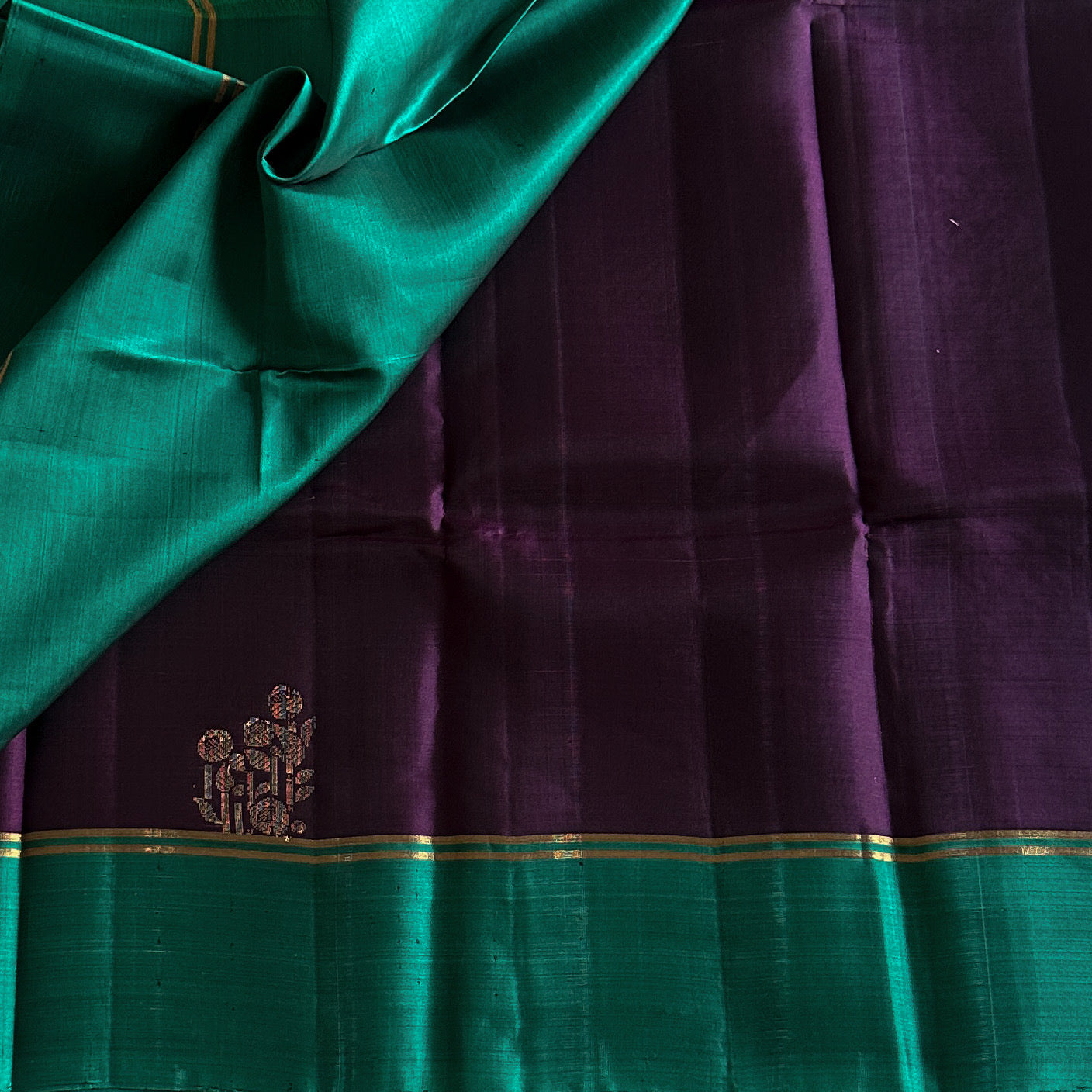 Teal Purple Silk Saree Gold Zari Hexagon Motif Wedding Attire