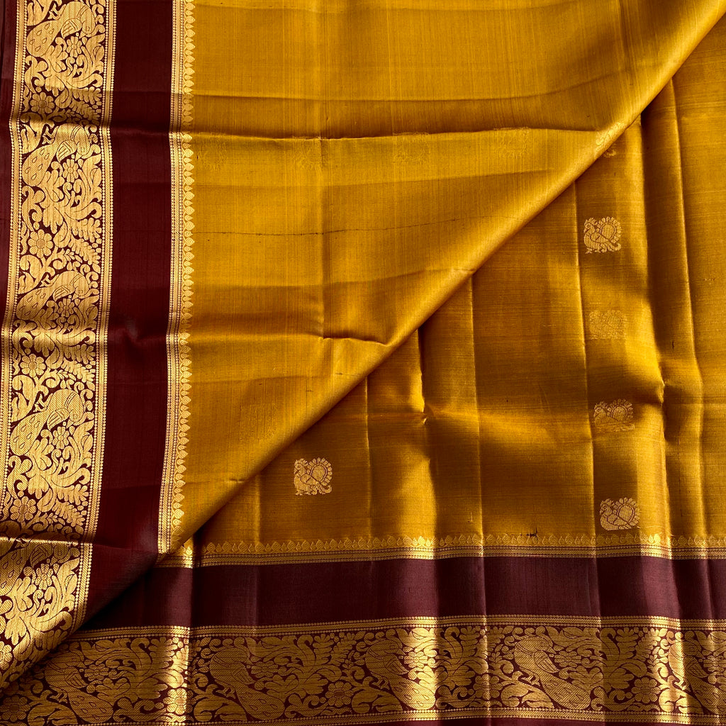 Mustard Gold Designer Pure Silk Saree With Deep Wine Brown Pallu