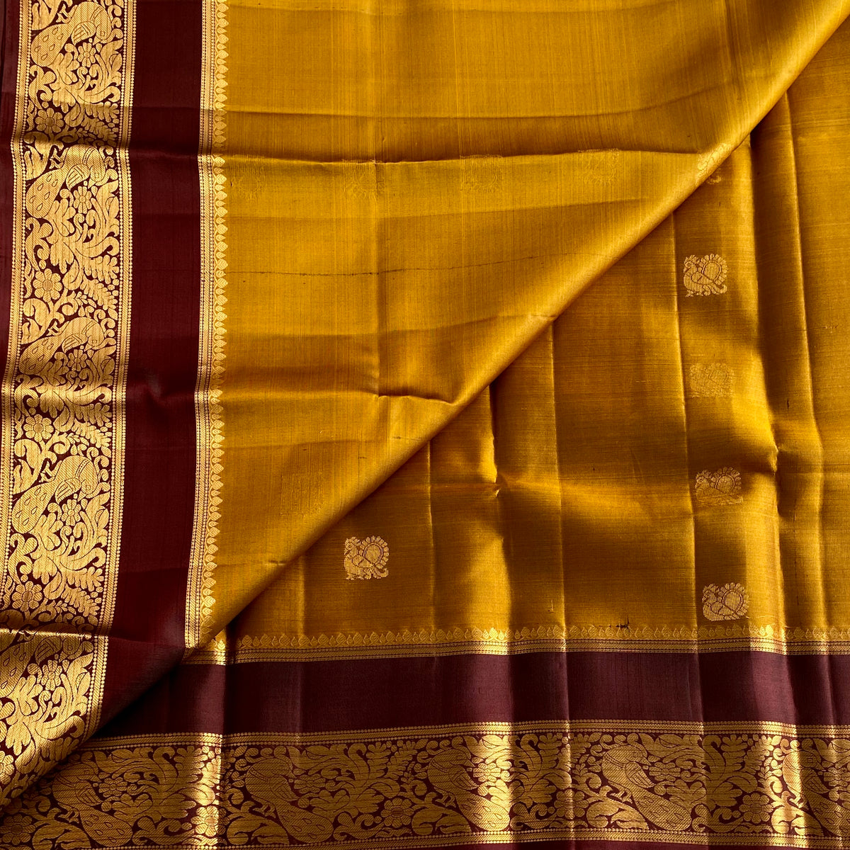 Mustard Gold Designer Pure Silk Saree With Deep Wine Brown Pallu