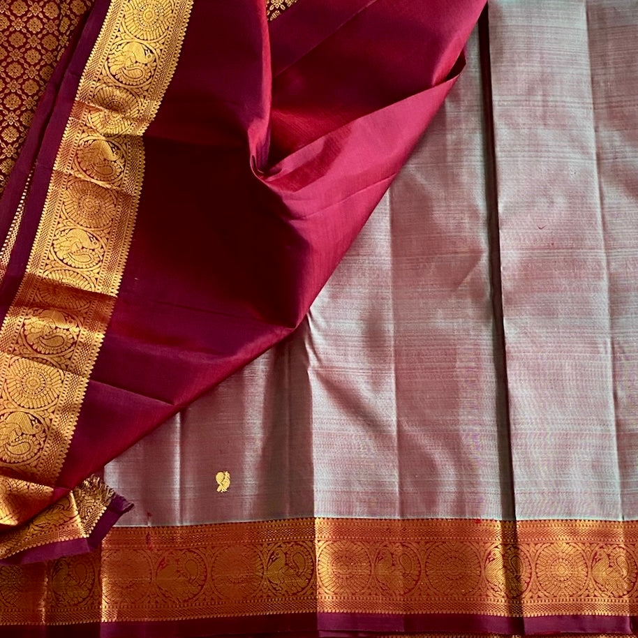 Dual Shaded Mauve Grey Kanjeevaram Pure Zari Silk With Magenta Pallu