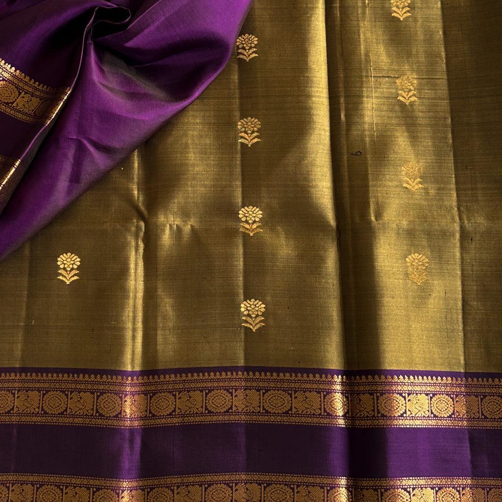 Royal Purple Silk Saree Olive Green Body Gold Brocade Border