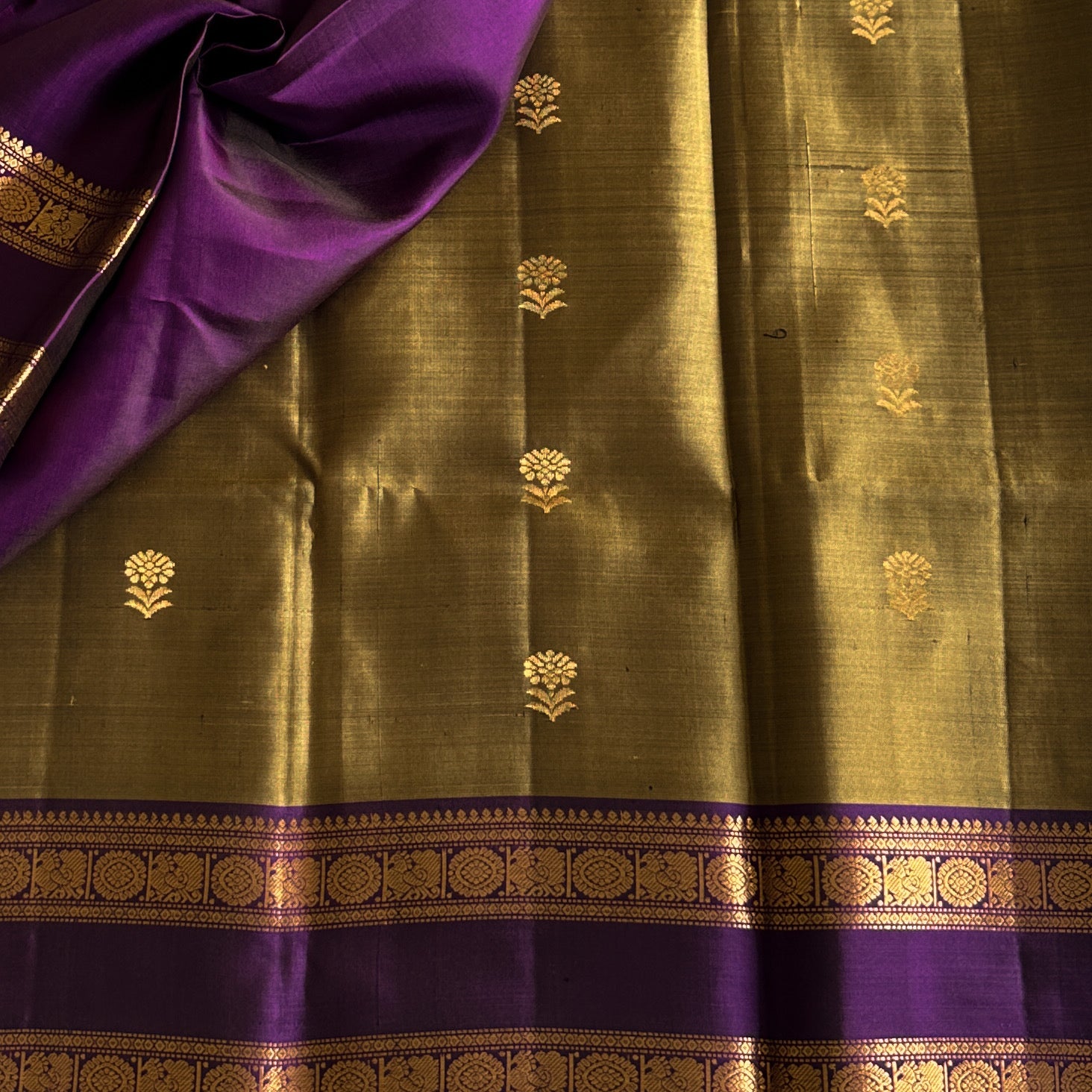 Royal Purple Silk Saree Olive Green Body Gold Brocade Border