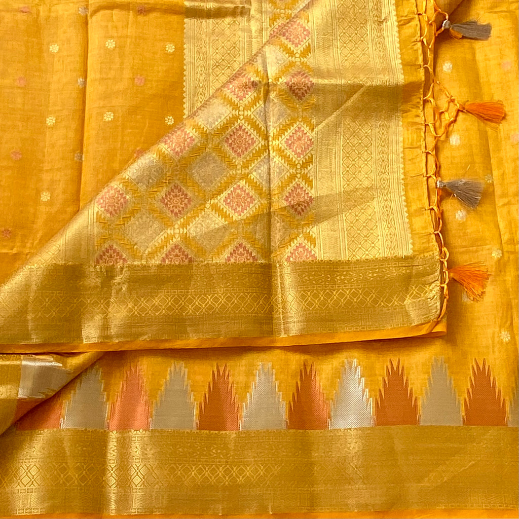 Mustard Yellow Zari soft tussar silk with temple borders