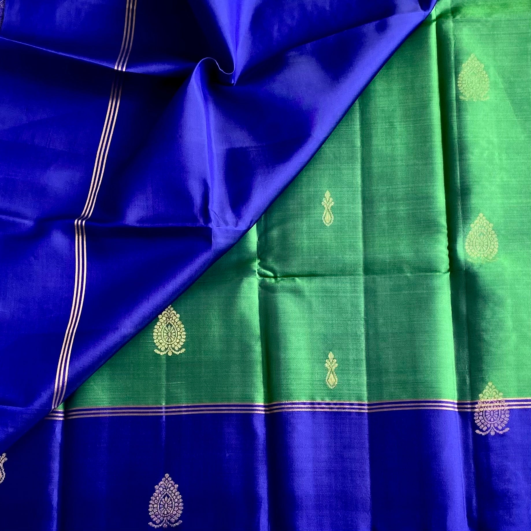 Jewel Tone Green with Royal Blue Designer Pure Silk Saree