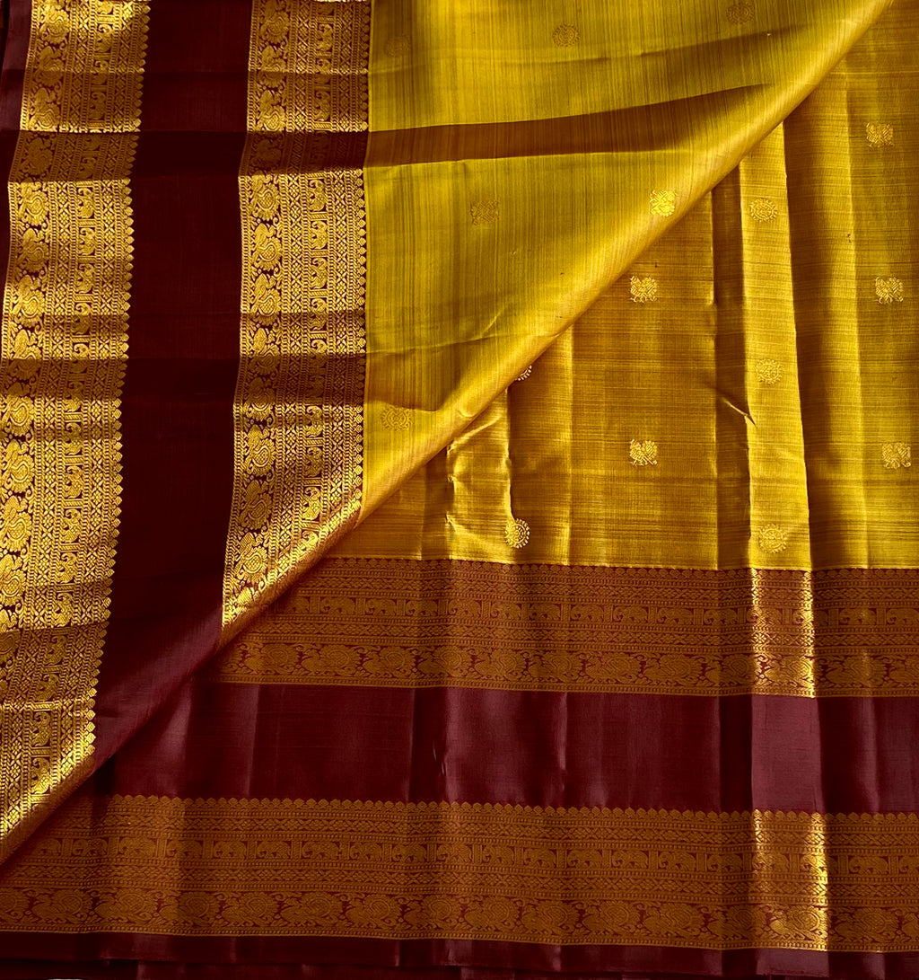 Golden Mustard with deep Wine brown retta petta borders on pure Kanjeevaram