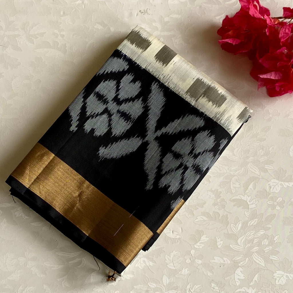 Off White Designer Pure Silk Saree with Jet Black Ikat Gold Border