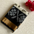 Off White Designer Pure Silk Saree with Jet Black Ikat Gold Border