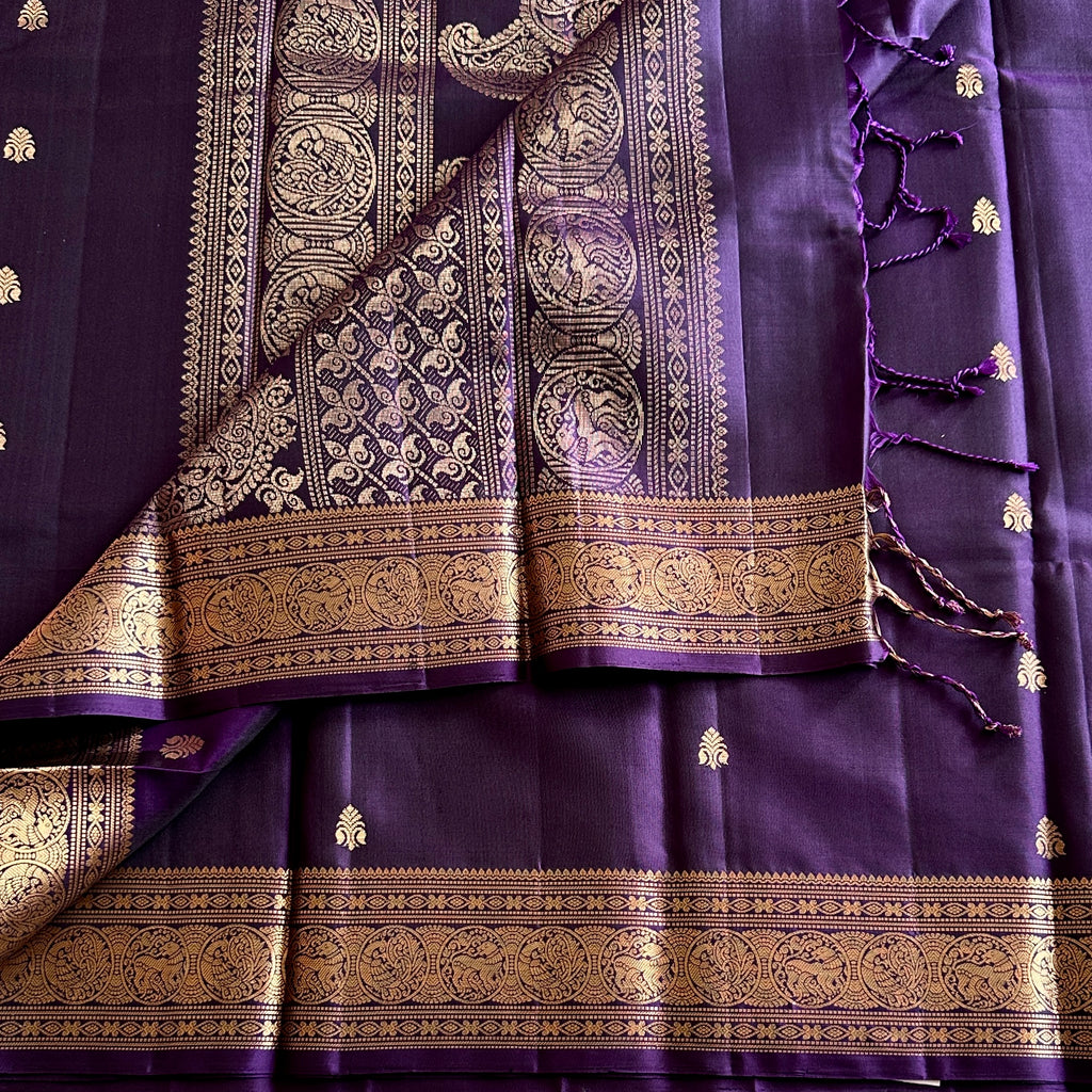 Royal Purple Saree With Gold Paisley Brocade And Medallion Border