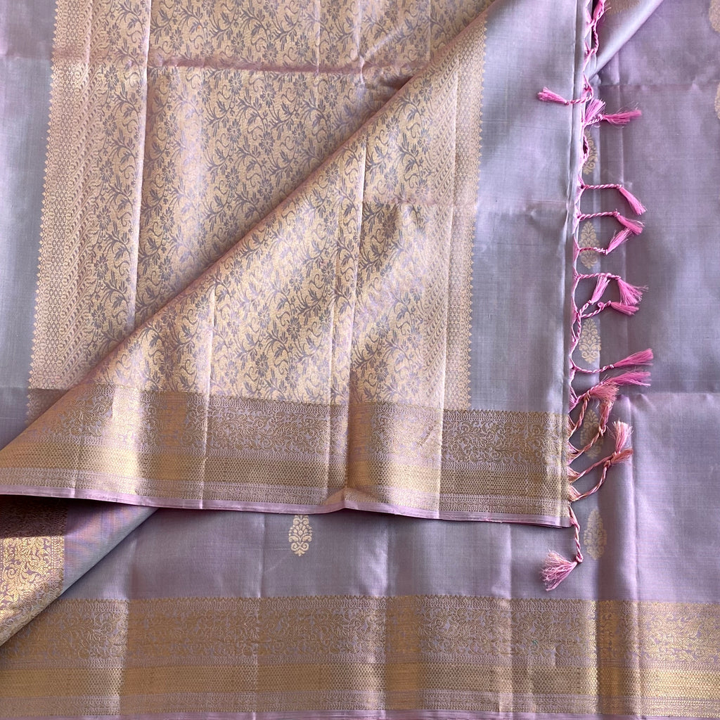 Dusty Dual Shaded Lavender Designer Pure Silk Saree With Antique Gold Pallu