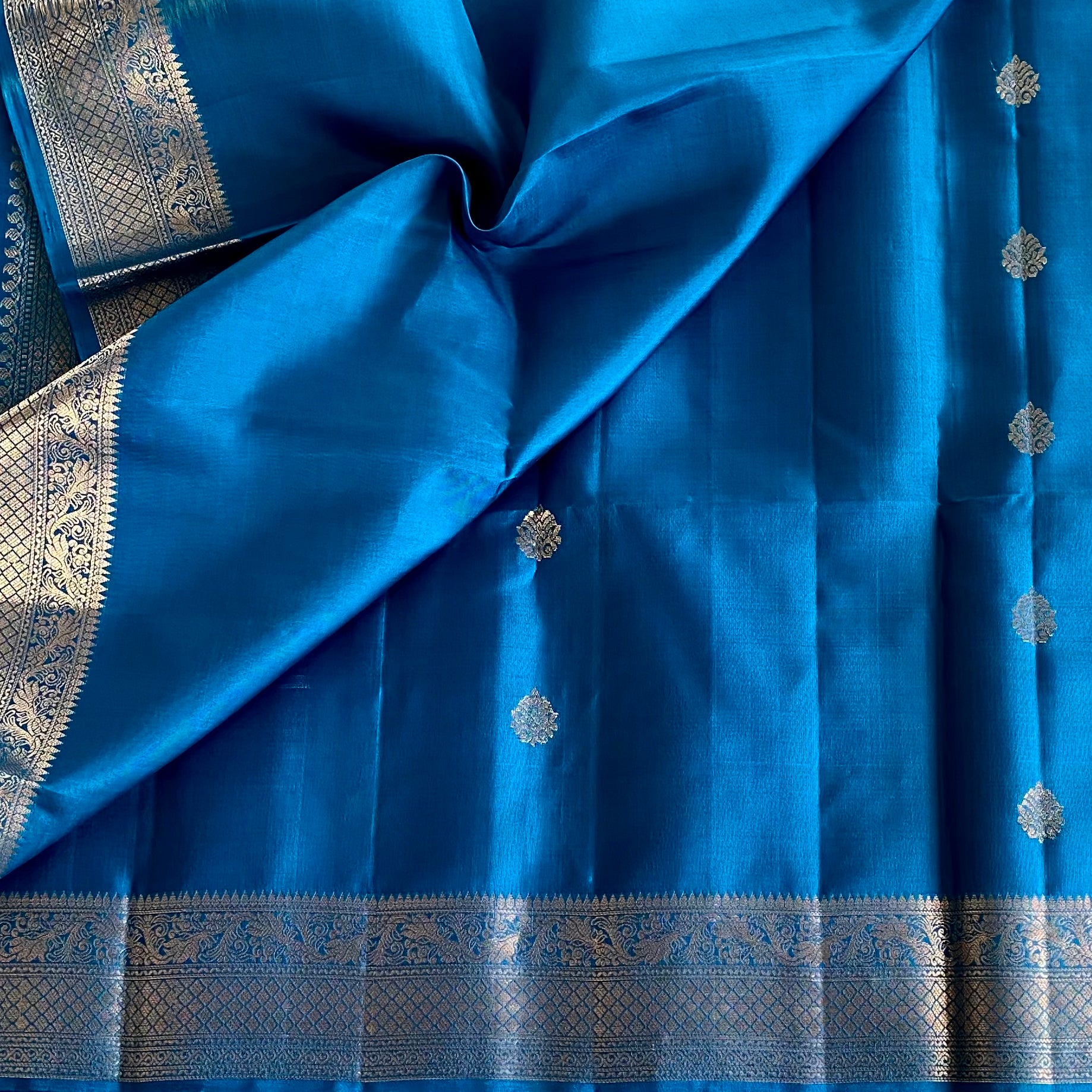 Teal Blue Designer Pure Silk Saree With Silver Brocade Pallu