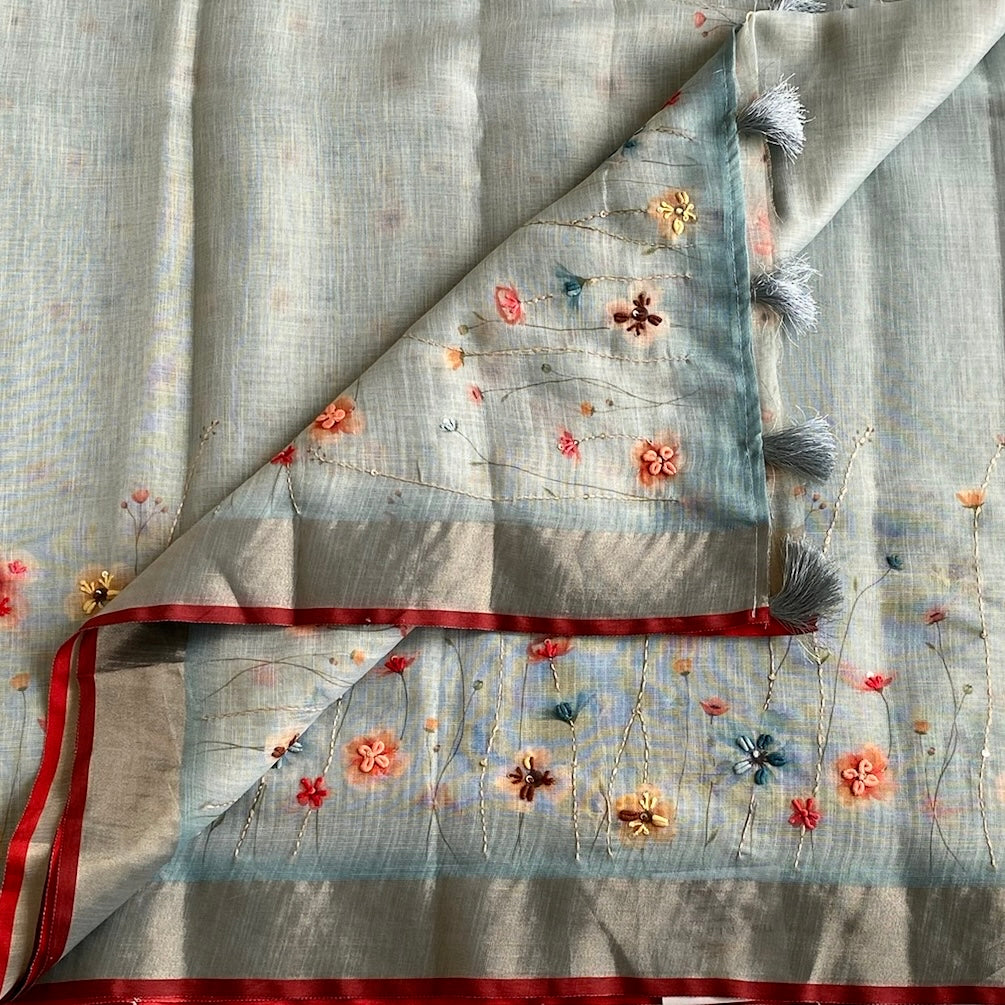 Dreamy Aqua Soft Linen Saree With Coral Pink Embroidery