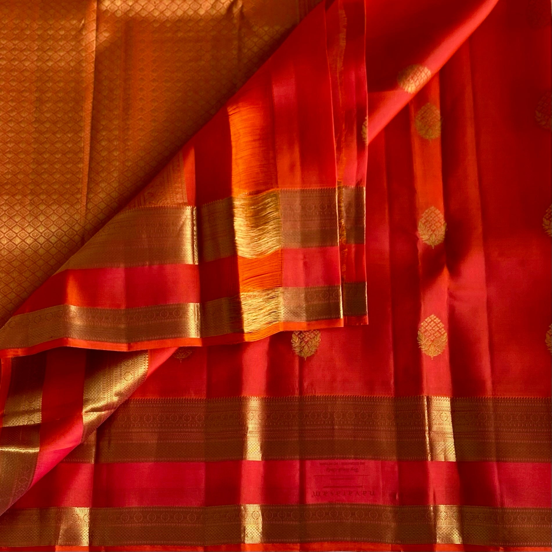 Vibrant Kanakambari Orange Designer Pure Silk Saree With Retta Petta Borders