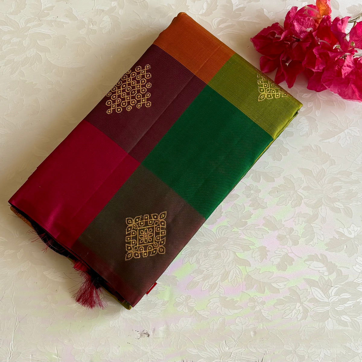 Designer Kollam Multi-Checkered Kanjeevaram Pure Zari Silk With Deep Maroon Pallu