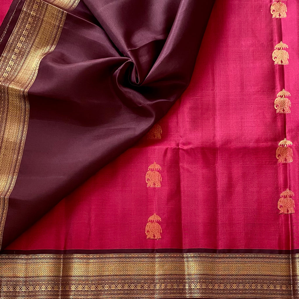 Deep Fuchsia Designer Pure Silk with Wine Antique Gold Zari Border Contrast Pallu