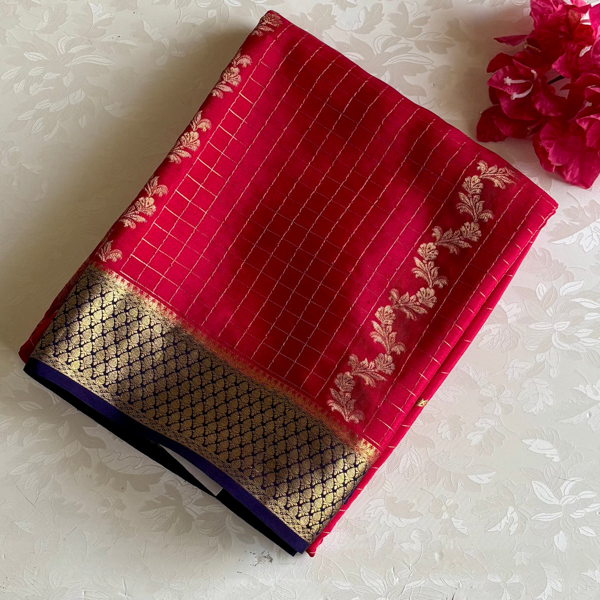 Cherry Pink Mysore Crepe Silk Saree With Navy Blue Pallu