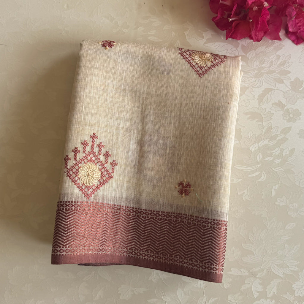 Elegant Pale Beige Saree With Maroon Motifs Gold Zari Border
